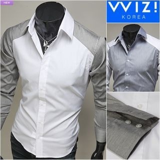 WIZIKOREA Long-Sleeve Color-Block Shirt