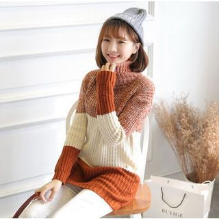 SUYISODA Turtleneck Color-Block Long Sweater