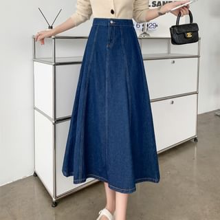 High Rise Washed Midi A-Line Denim Skirt