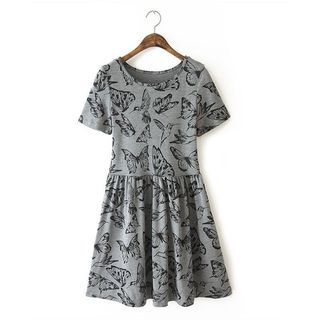 Ainvyi Short-Sleeve Butterfly and Bird Print Dress
