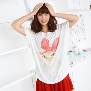 59 Seconds Cat-Print Short-Sleeve Top White - One Size
