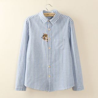 Tangi Embroidered Cat Pinstriped Long-Sleeve Blouse