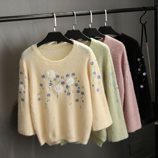 Singkbee Flower-Embroidered Beaded Sweater
