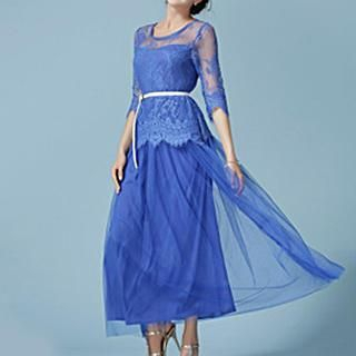 Rebecca Lace 3/4-Sleeve Chiffon Maxi Dress