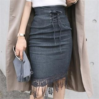 LIPHOP High-Waist Lace-Hem Denim Pencil Skirt