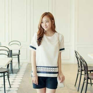 CLICK Contrast-Trim Eyelet-Lace Top