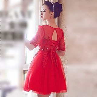 Luxury Style Embellished Elbow-Sleeve A-Line Cocktail Dress