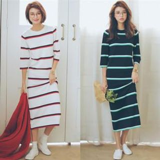 SUYISODA 3/4 Sleeved Striped Knit Dress