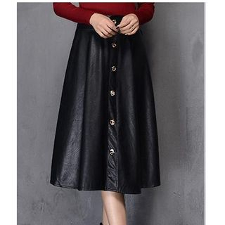 Oaksa Buttoned Faux Leather A-Line Skirt