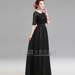 Angel Bridal Elbow-Sleeve Lace-Panel Evening Gown
