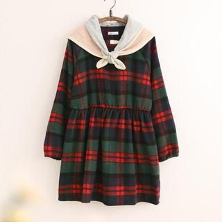 11.STREET Plaid Gathering-Waist Woolen Dress