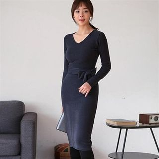 ode' Wool Blend Knit Bodycon Dress with Sash