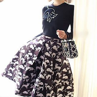 Jolia Set: Cat Embroidered Long-Sleeve Top + Cat Print A-Line Skirt