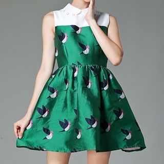 Emeline Bird Print Sleeveless Collared Dress