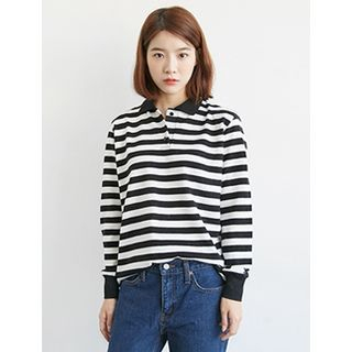 FROMBEGINNING Long-Sleeve Striped Polo Shirt