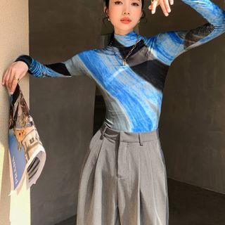 Turtleneck Tie-dye Print T-shirt