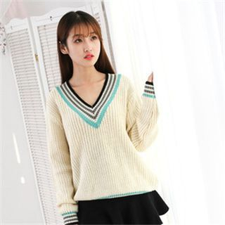 11.STREET Contrast Color V-Neck Long-Sleeved Pullover