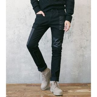 ABOKI Faux-Leather Trim Slim-Fit Pants