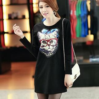 Mythmax Long-Sleeve Cat-Print Dress