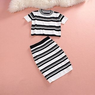 Daina Set: Short-Sleeve Striped Knit Top + Striped Knit Skirt