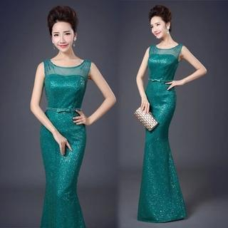 Bridal Workshop Sleeveless Sheer Yoke Bow-Accent Sheath Evening Gown