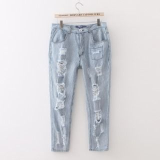 SOPOL Distressed Striped Slim-Fit Cropped Jeans