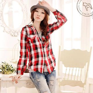 Tab-Sleeve Hooded Check Blouse Red & White & Black - One Size