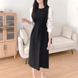 Long Sleeve Round Neck Two Tone Panel Tie-Waist Midi A-Line Dress