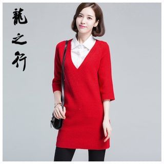 QUNI 3/4-Sleeve V-Neck Long Sweater