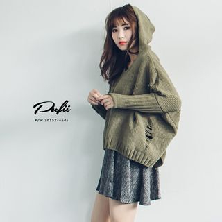 PUFII Loose-Fit Hooded Knit Top