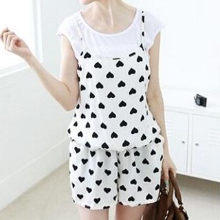 Fashion Street Set : Heart Printed Strappy Playsuit + Short-Sleeve Top