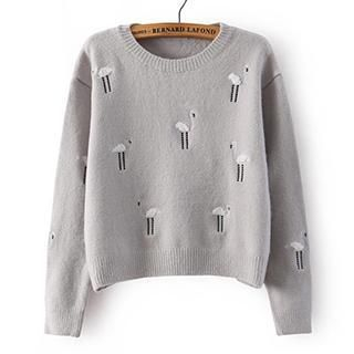 Singkbee Ostrich-Embroidered Cropped Sweater