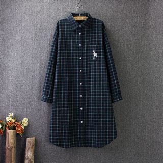 Blue Rose Embroidered Plaid Long Shirt