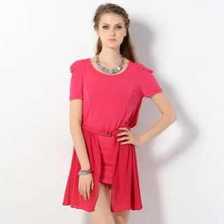 YesStyle Z Short-Sleeved Chiffon Panel Dress Fuchsia - One Size
