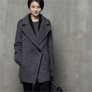 HALUMAYBE Notched-Lapel Double-Breasted Wool Blend Coat
