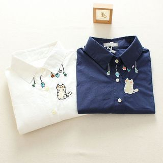 Mushi Long-Sleeve Cat Embroidered Shirt