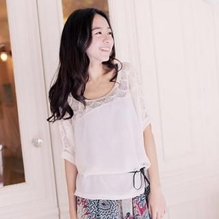 Lace-Panel Chiffon Top Almond - One Size