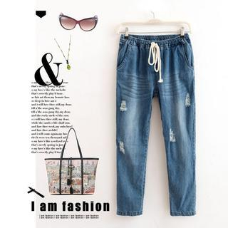 Ainvyi Distressed Washed Drawstring Waist Jeans