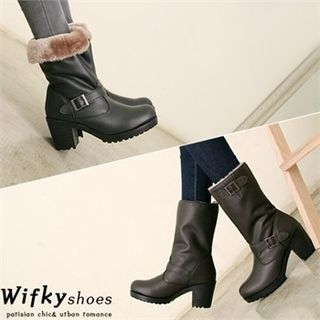 Wifky Chunky-Heel Belted Mid-Calf Boots