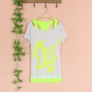 Cute Colors Short-Sleeve Mock Two-Piece Lettering Top