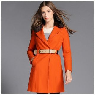 Cherry Dress Detachable Faux Fur Collar Coat with Belt