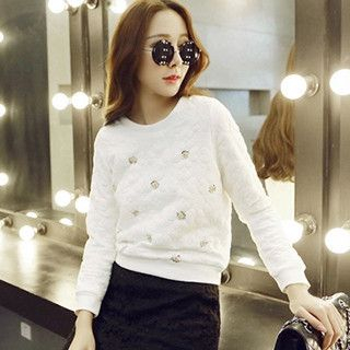 YOZI Embellished Textured Cropped Pullover