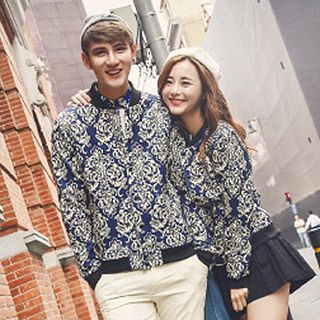 Lovebirds Couple Stand-Collar Patterned Baseball Jackets