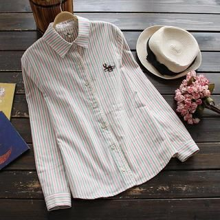 YOYO Long-Sleeve Embroidered Striped Blouse