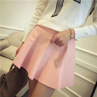 GAGAI Faux-Leather Plain A-Line Skirt