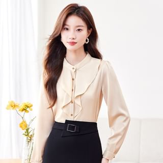 Long Sleeve Band Collar Ruffle Plain Blouse / Mid Rise Plain Midi Pencil Skirt