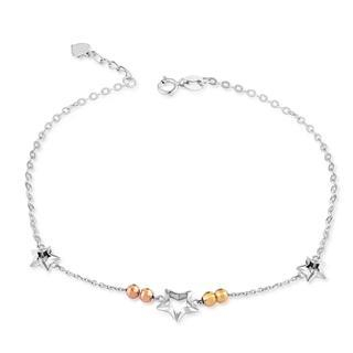 MaBelle 14K Italian Tri-Color Gold Cut-out Stars and Diamond-Cut Beads Anklet (23.5cm), Women Jewelry in Gift Box
