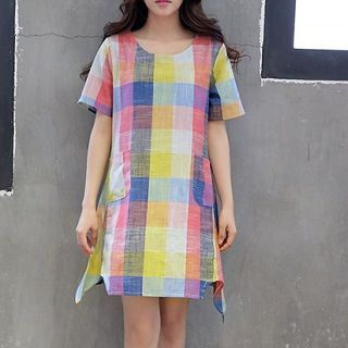 Everose Short-Sleeve Check Long Top