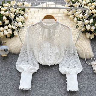 Image of Bubble Long-Sleeve Round-Neck Cutout Lace Top