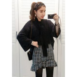 Miamasvin Asymmetric Ruffle-Hem Tweed Mini Skirt